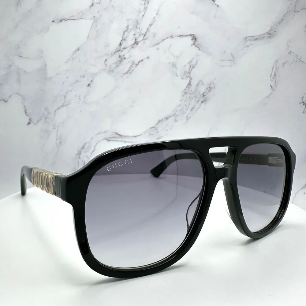 New GUCCI Sunglasses Black Acetate Pilot Aviator 58mm Navigator Gold Metal Logo - Picture 16 of 16